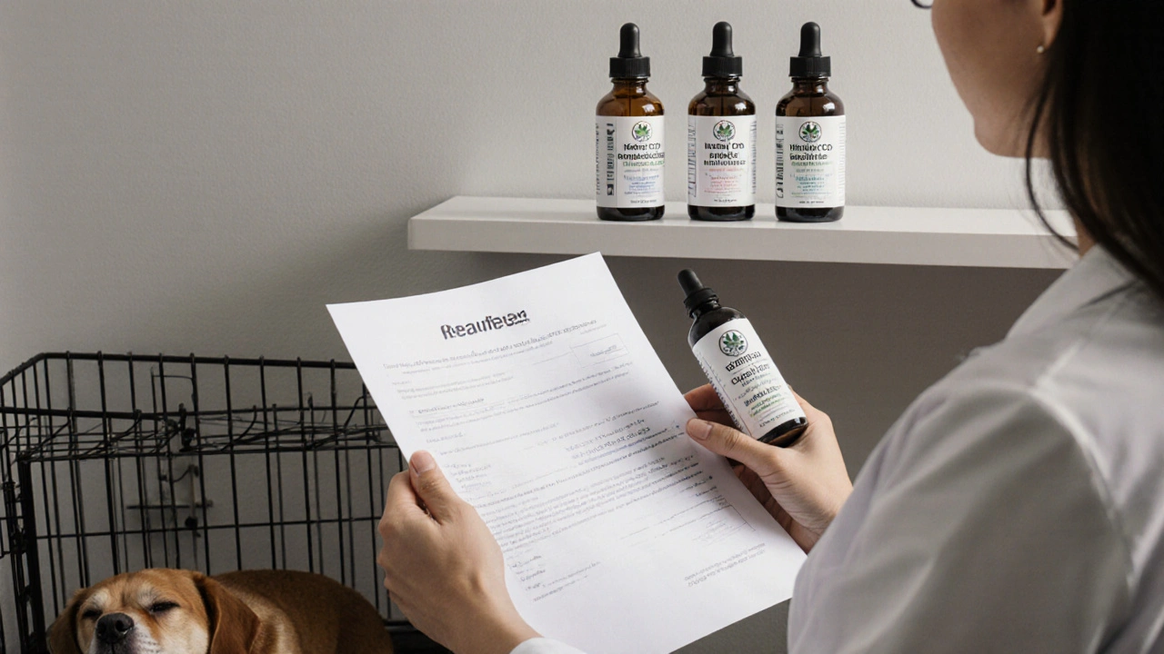 Veterinář drží certifikovaný CBD produkt pro psy, za ním spí klidný pes.