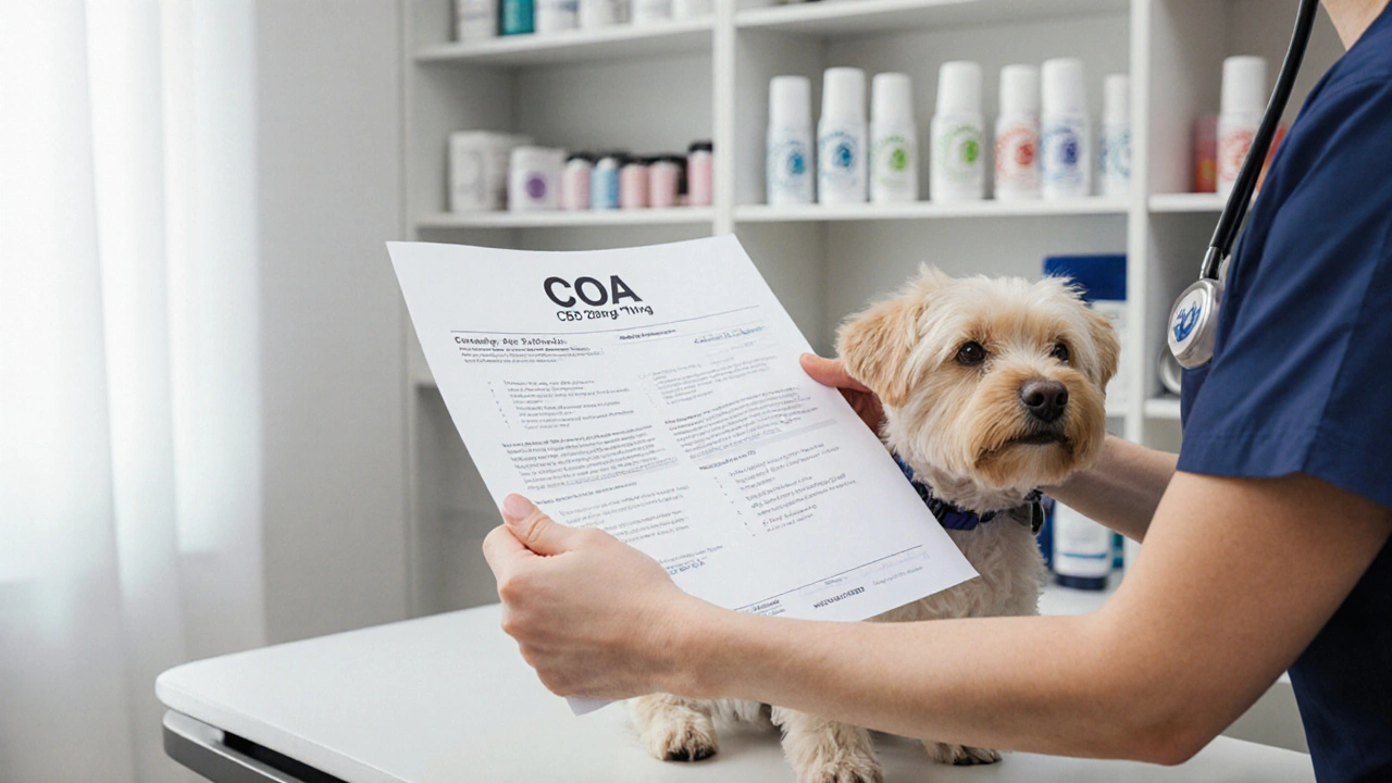 Veterinář drží laboratorní výsledek CBD oleje s nulovým THC.