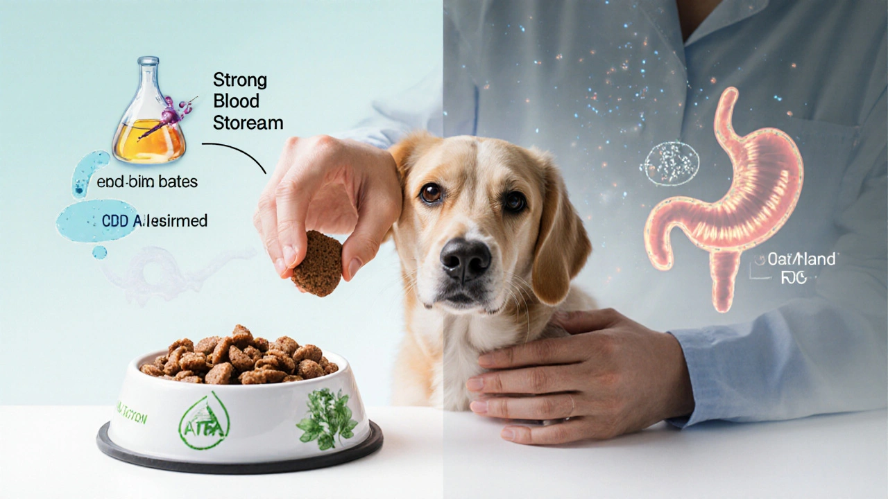 Veterinář klade CBD sušenku vedle prázdné misky, s vizuálním porovnáním vstřebávání.