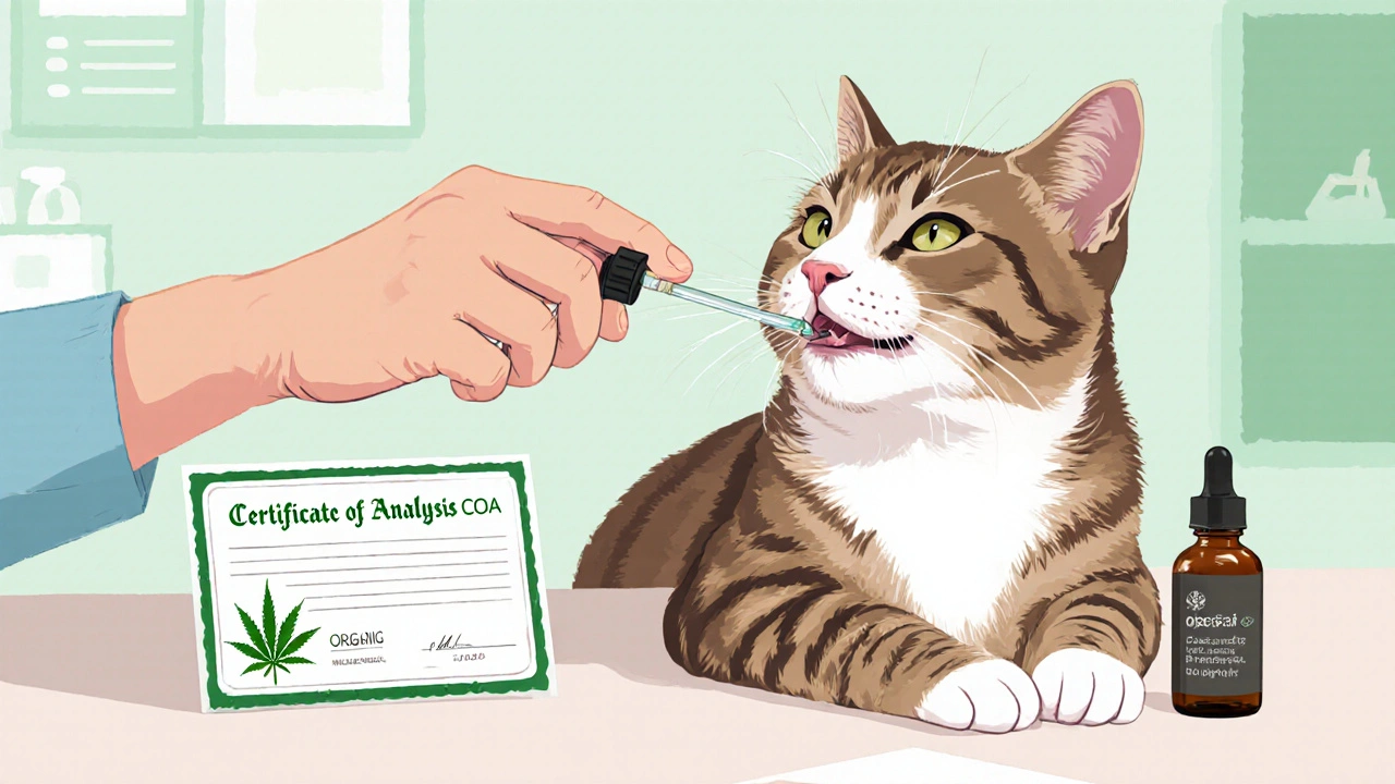 Veterinář podává kočce CBD olej pomocí kapkací pipety.