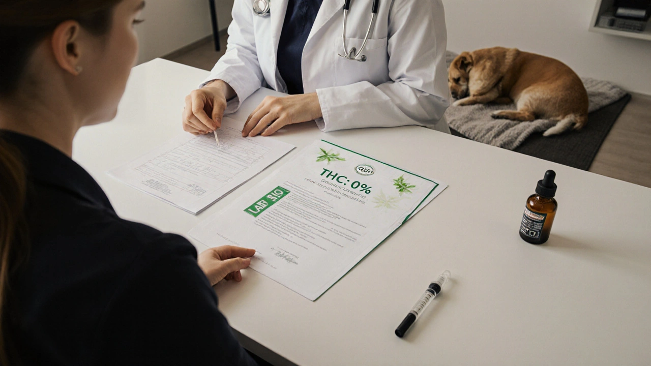 Veterinář ukazuje majiteli certifikát analýzy CBD produktu s nulovým obsahem THC.