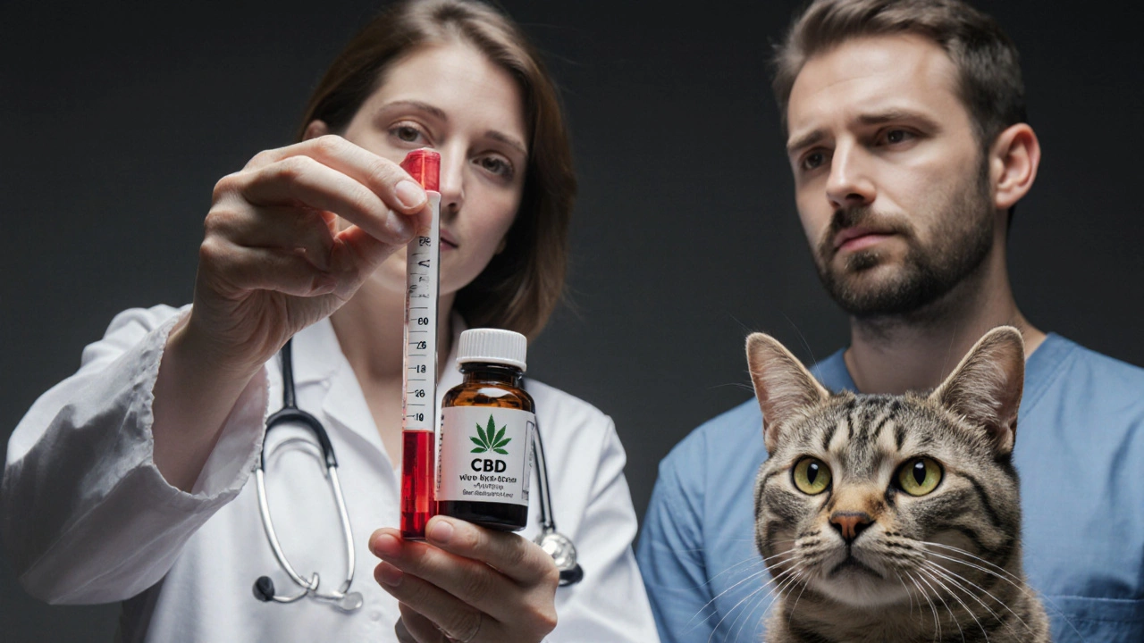 Veterinář ukazuje na výsledek krevního testu vedle kočky a láhve CBD.