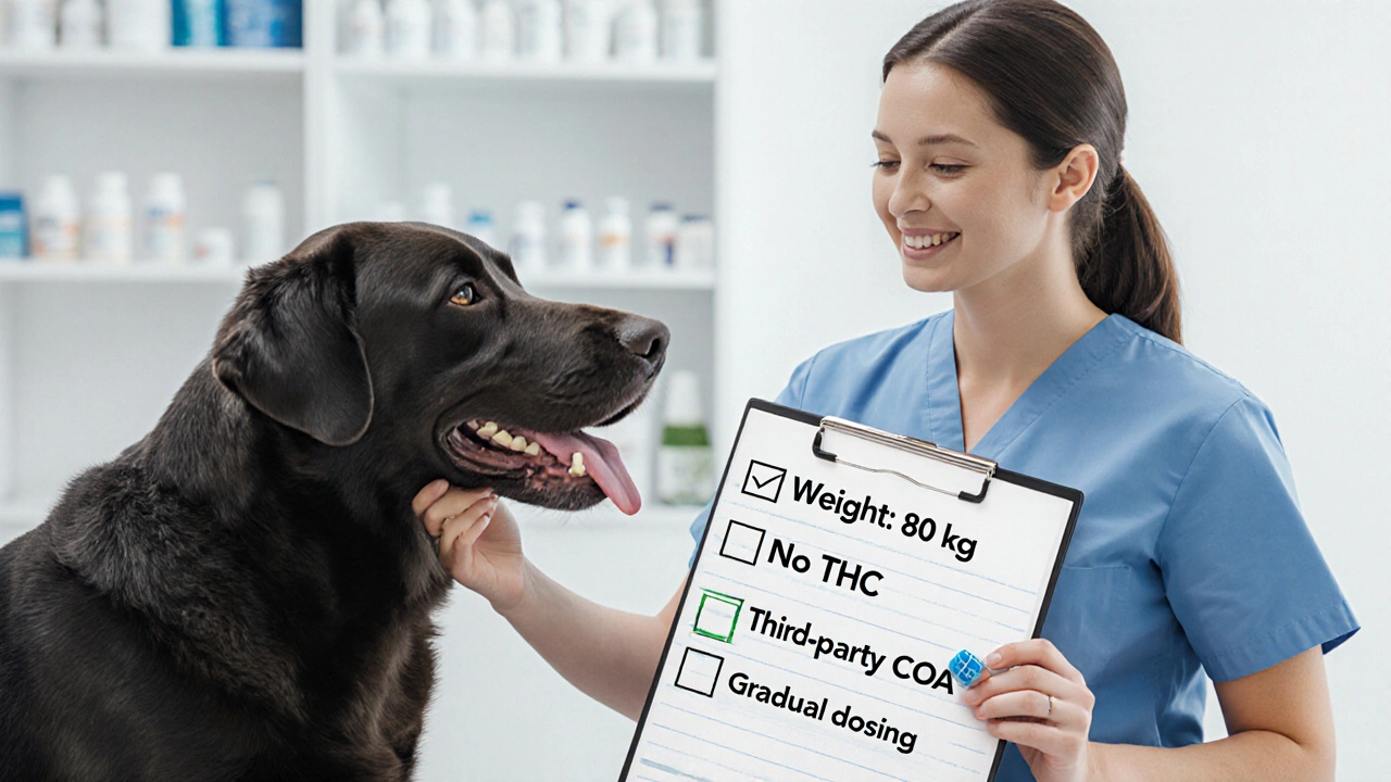 Veterinář vyšetřuje velkého psa s kapslí CBD a kontrolním seznamem kvality.