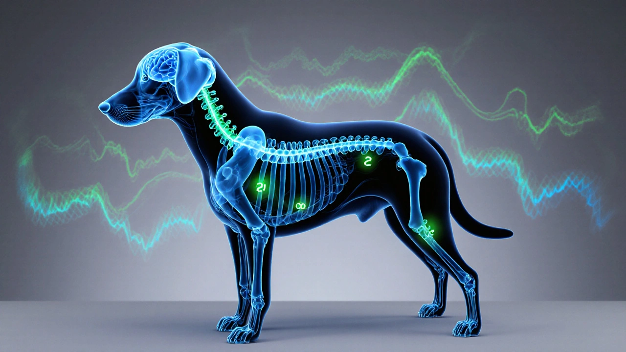 Vnitřní anatomie psa s aktivními endokanabinoidními receptory a jemným CBD prouděním.
