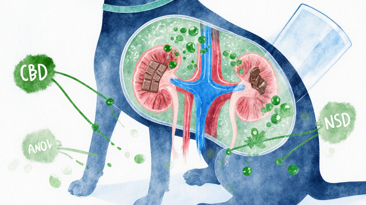 Vnitřní zobrazení zdravých ledvin psa s CBD molekulami, které filtrují toxinům.